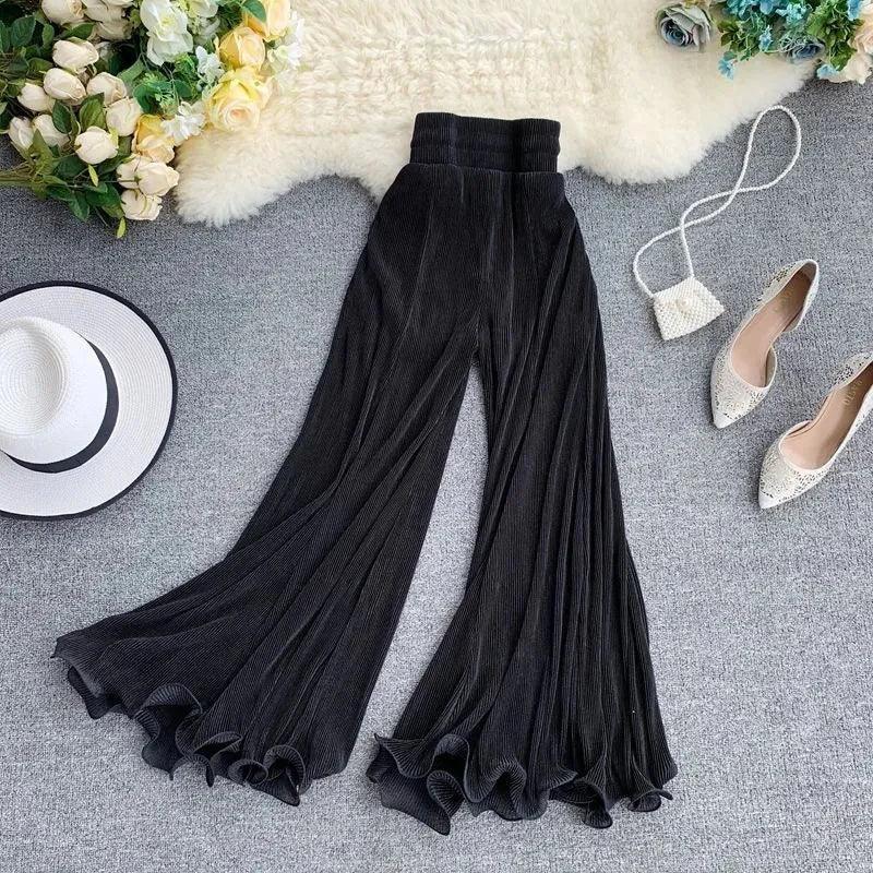 Light Chiffon Flowy Flare Pants – High Waist Summer Casual - Piña Colada