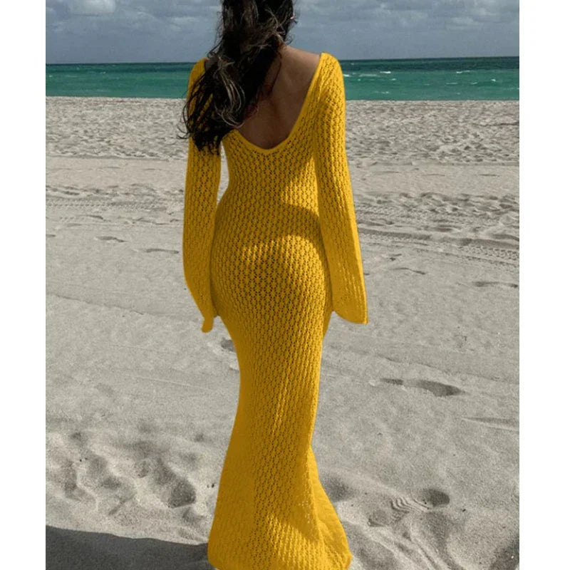 Knitting Hollow Out V-Neck Long Sleeve Dress - Piña Colada
