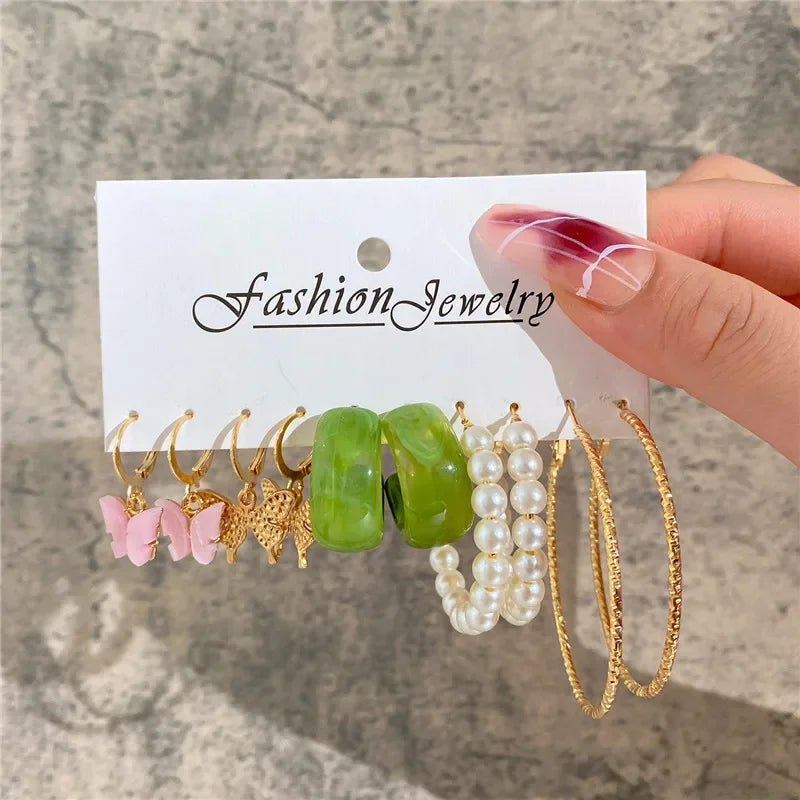 Modyle Geometric Pearl Hoop Earrings Set - Piña Colada