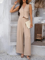Summer V-Neck Button Crop Top & Wide-Leg Pants Set - Piña Colada