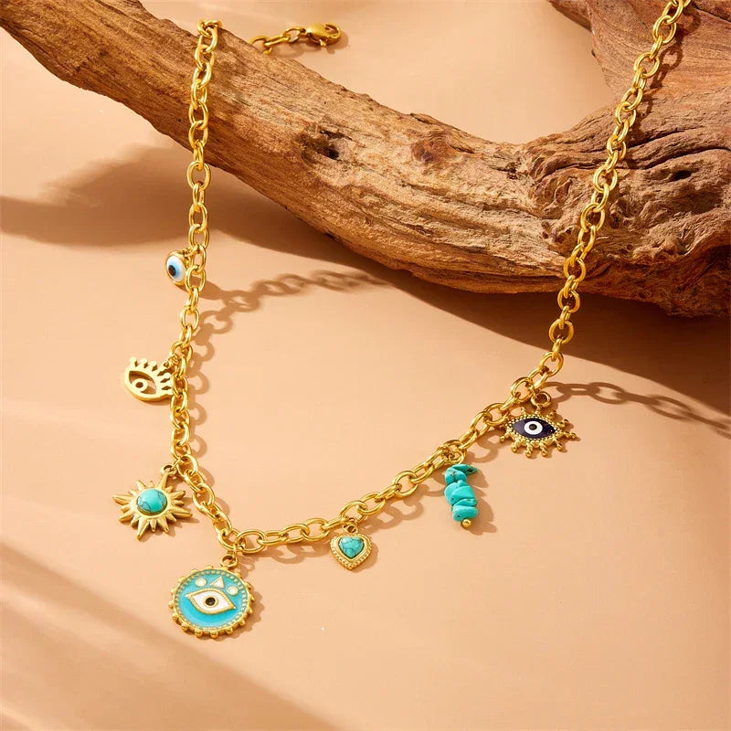 Stainless Steel Turquoise Eye Pendant - Piña Colada