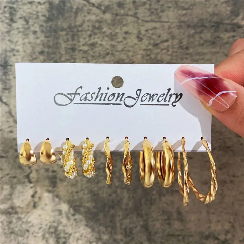 Modyle Geometric Pearl Hoop Earrings Set - Piña Colada