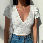 Vintage Floral Cross Crop Top - Piña Colada