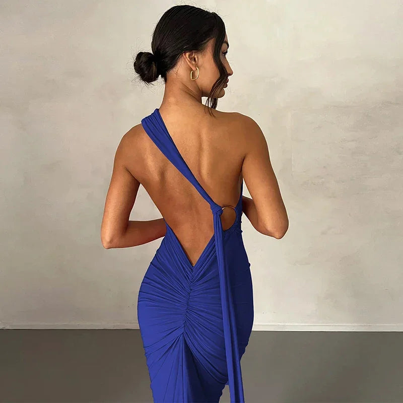 One Shoulder Backless Adjustable Scarf Maxi Dress - Piña Colada