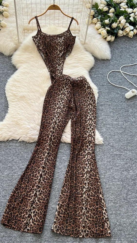 Leopard 2pcs Suits Women Tops+Elastic Waist Flared Pants - Piña Colada