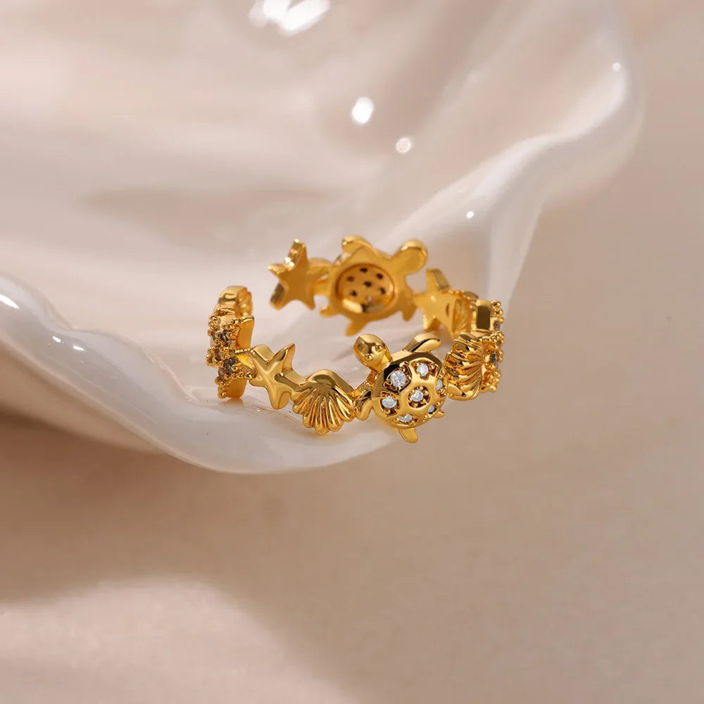 Gold Ocean Starfish & Shell Open Ring - Piña Colada