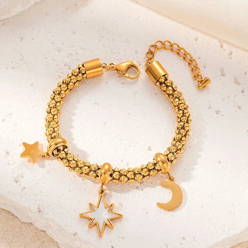 Thick Stainless Steel Star Flower Pendant Bracelet - Piña Colada