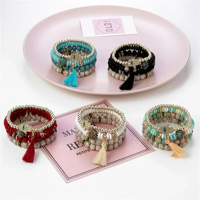 Bohemian Evil Eye Tassel Bracelet Set - Piña Colada