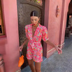 Printed Casual Trendy V-neck Puff Sleeve Elastic Waist Jumpsuits - Piña Colada