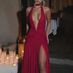 Halter Backless Silk V-neck Dress - Piña Colada