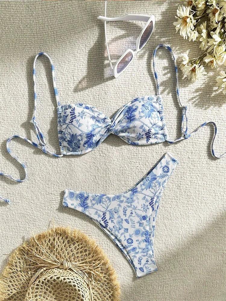 Sexy Print Laced Up Bikini 2 Piece Set - Piña Colada