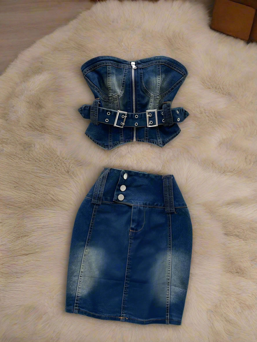 Vintage Denim Strapless Two-Piece Set – Zipper Crop Top &amp; Mini Skirt with Sash - Piña Colada