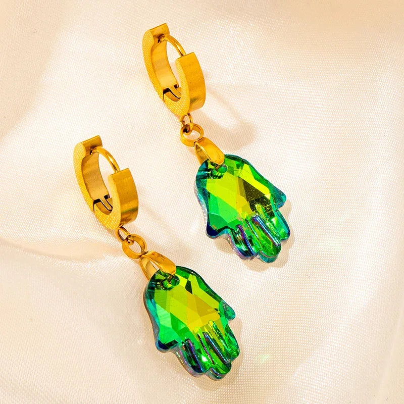 Colorful Crystal Star & Palm Drop Earrings - Piña Colada