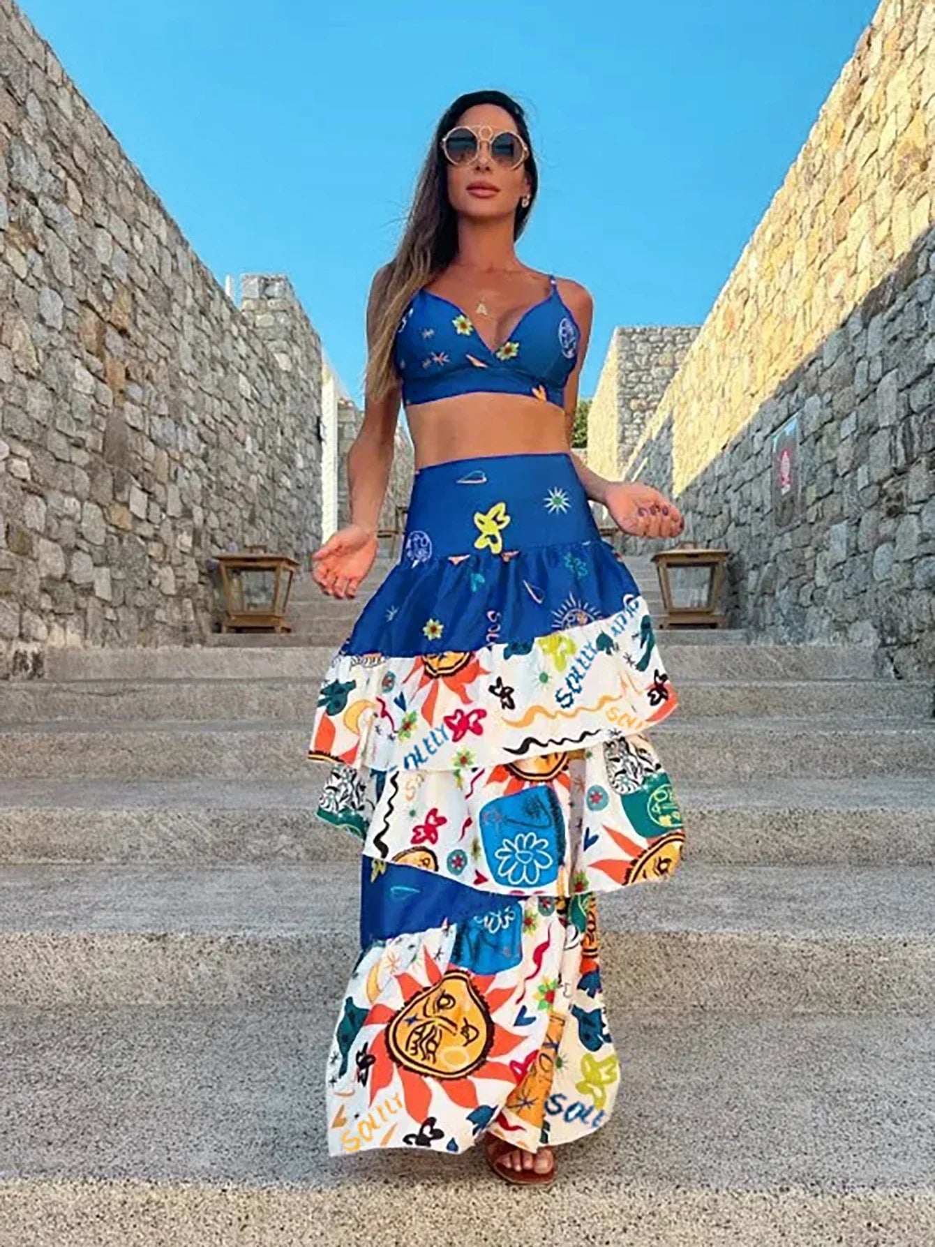 Royal Blue Draped Print V-Neck Maxi Dress - Piña Colada
