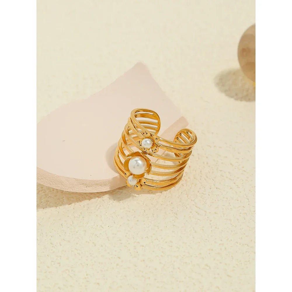 Gold Plated Pearl Aesthetic Wide Ring - Piña Colada