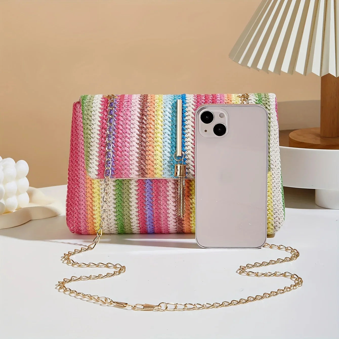 Chic Rainbow Stripe Straw Crossbody - Piña Colada