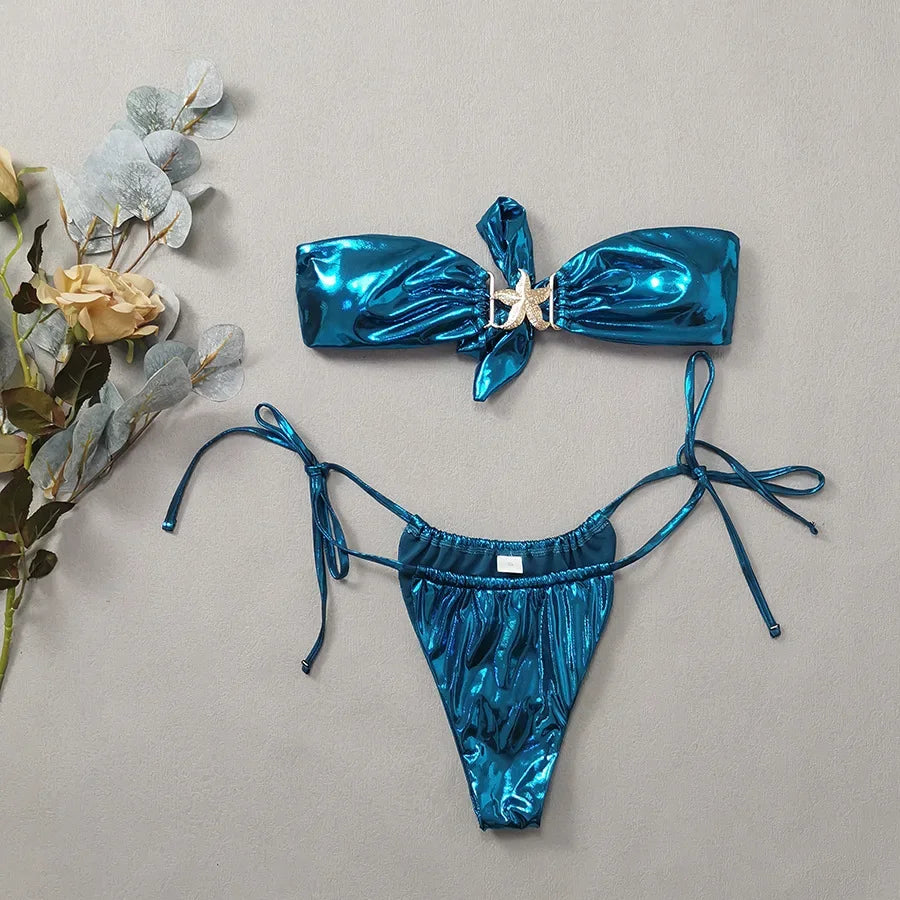 Gem Blue Glossy Bikini Women's Clothing Swimsuit - Piña Colada