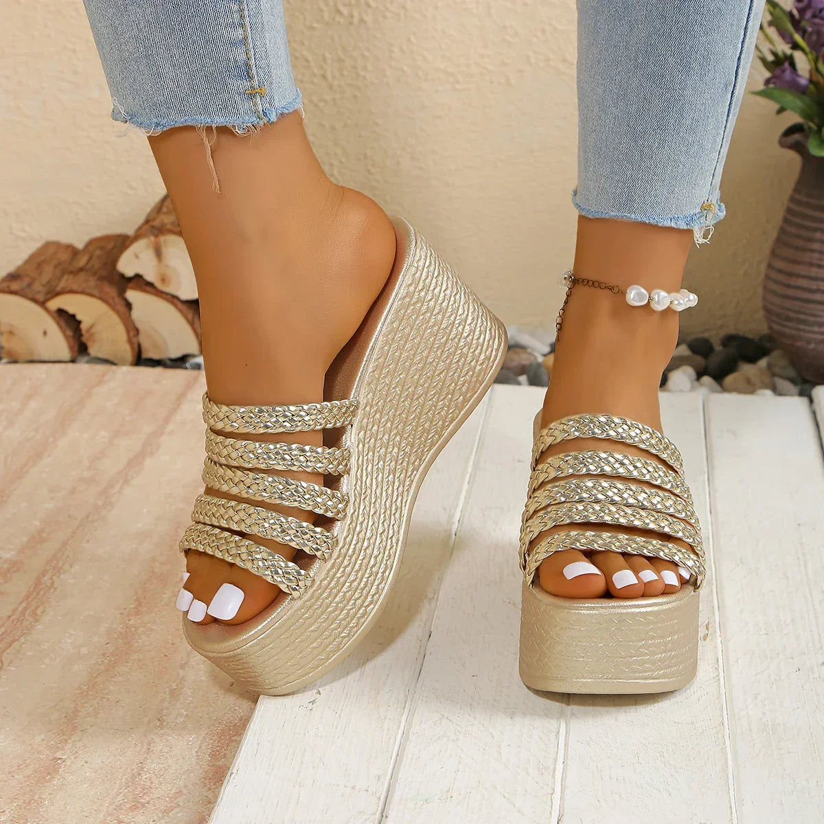 Wedge Slides 9cm High Heels - Piña Colada
