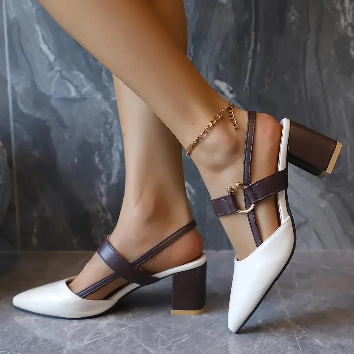 Elegant Pointed Toe Chunky Heel Sandals - Piña Colada