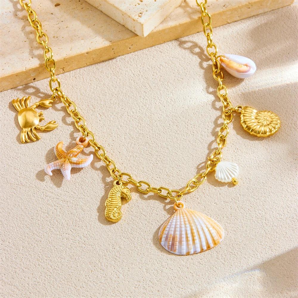 Stainless Steel Crab Seahorse Conch Necklace - Piña Colada
