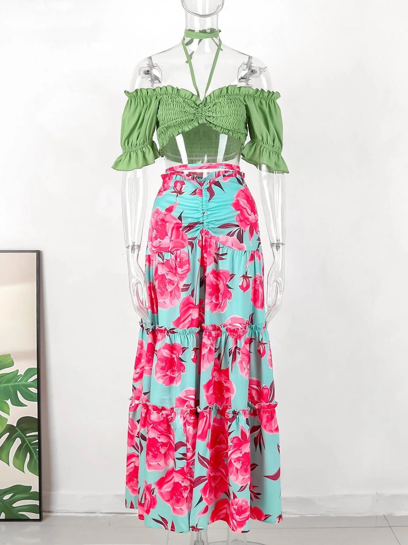 Hand-Painted Oversized 2-Piece Set – Backless Crop Top & Flowing Skirt - Piña Colada