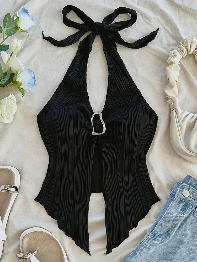 Sexy V-neck Halter Neck Crop Top - Piña Colada