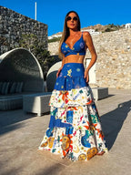 Royal Blue Draped Print V-Neck Maxi Dress - Piña Colada