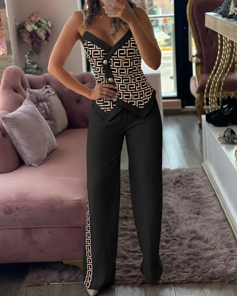 Geometric Print Sleeveless V-Neck Top & Pants Set - Piña Colada