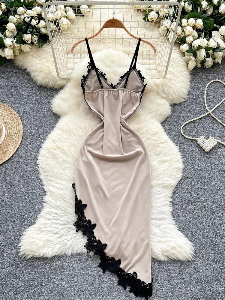 Lace V Neck Backless Irregular Slim Sundress - Piña Colada