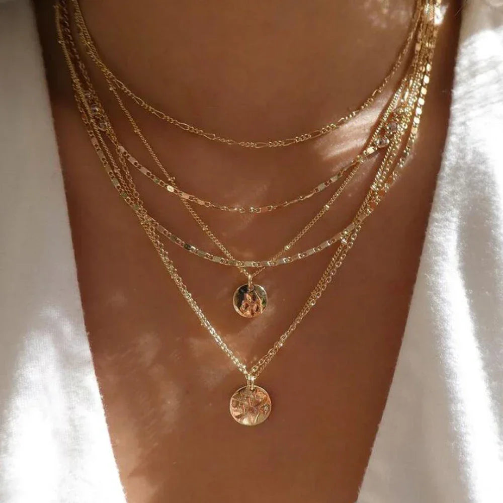 Boho Multi-Layer Gold Crystal Pendant Necklace Set - Piña Colada