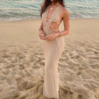 Backless Hollow-Out Knit Cover-Up Dress – Beach Vacation Style - Piña Colada