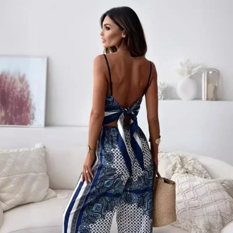 Satin Print Lace-Up Top & Wide-Leg - Piña Colada