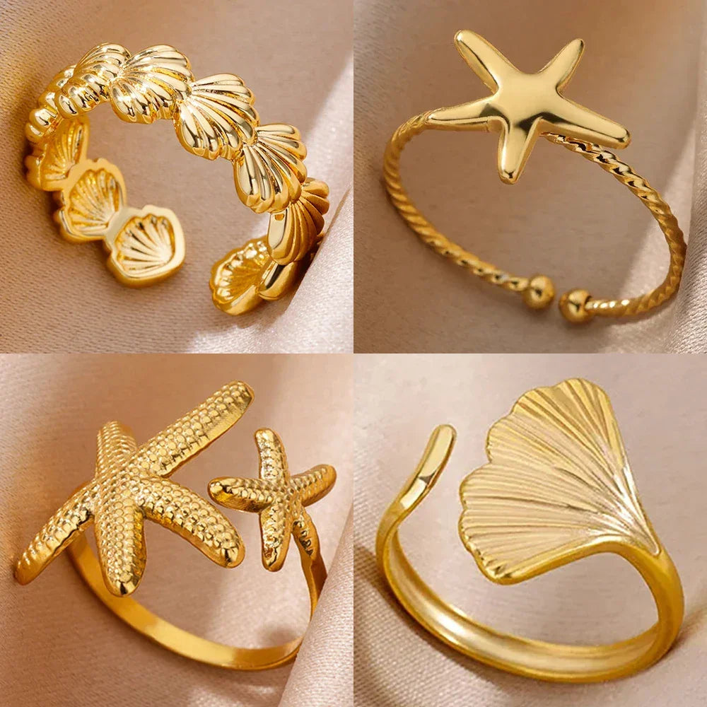 Gold Ocean Starfish & Shell Open Ring - Piña Colada