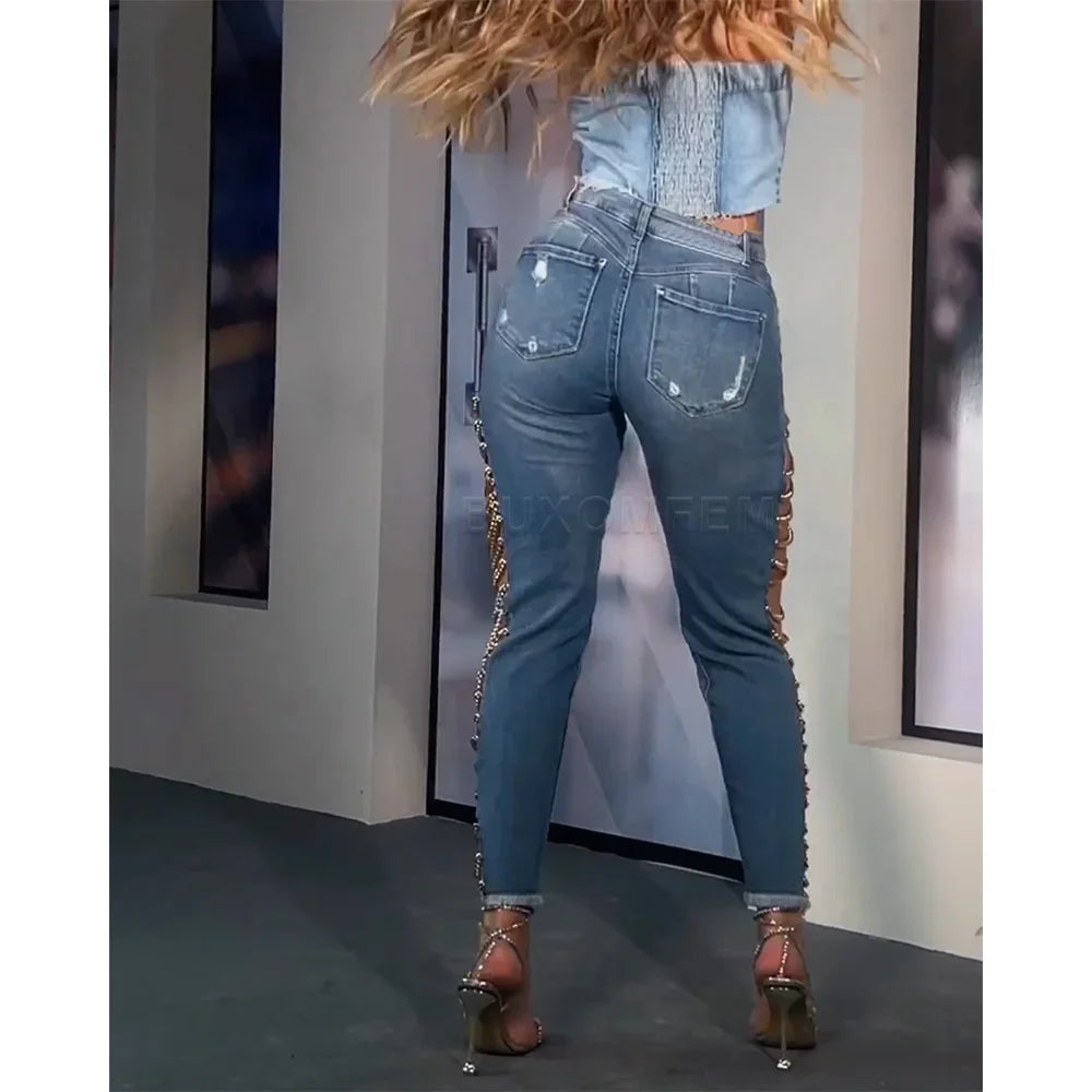 High Street Hollow Out Skinny Jeans with Metal Details - Piña Colada
