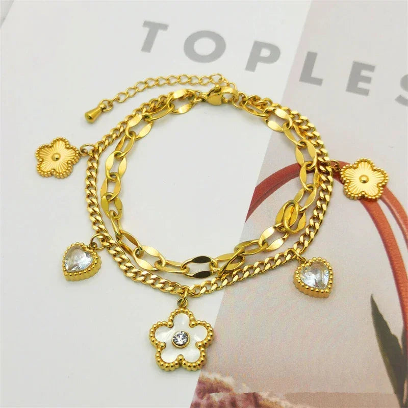 Stainless Steel 2025 New Fashion Jewelry Zircon Seashell Heart Flowers Charm - Piña Colada