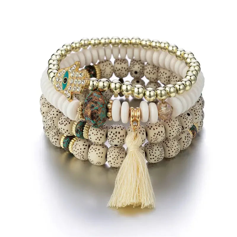 Bohemian Evil Eye Tassel Bracelet Set - Piña Colada