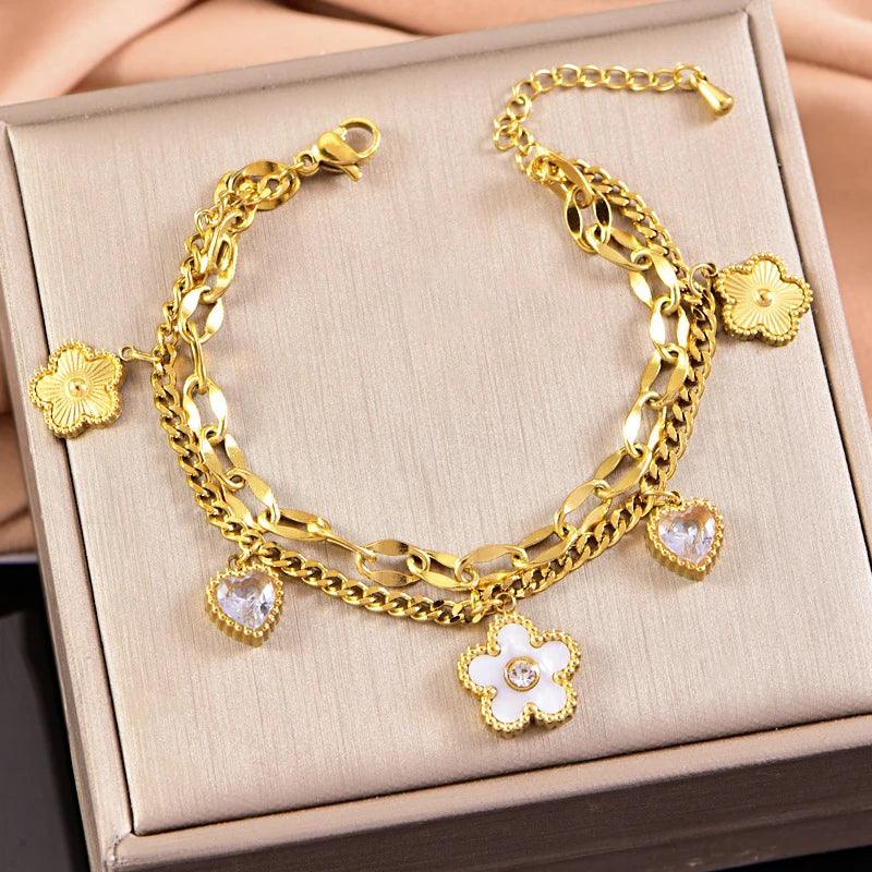 Stainless Steel 2025 New Fashion Jewelry Zircon Seashell Heart Flowers Charm - Piña Colada