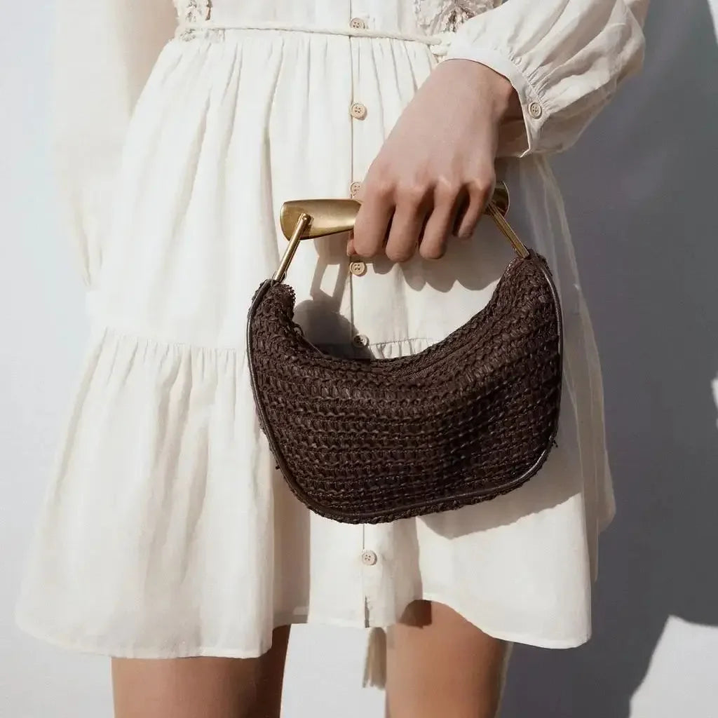 Summer Half-Moon Beach Straw Shoulder Bags Women's - Piña Colada