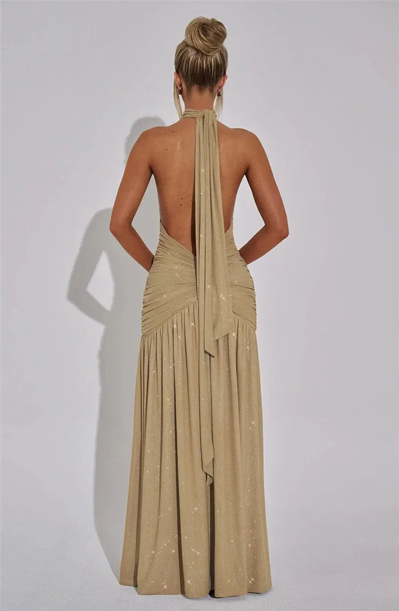 Mozision Sequin V-Neck Floor-Length Dress – Sexy & Club Evening Gown - Piña Colada