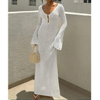 Knitting Hollow Out V-Neck Long Sleeve Dress - Piña Colada