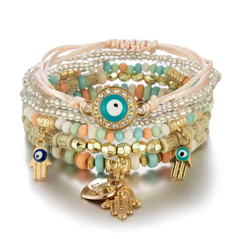 Bohemian Evil Eye Tassel Bracelet Set - Piña Colada