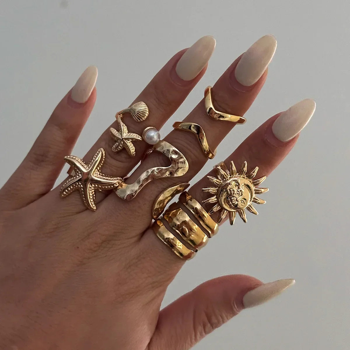 6Pcs/Set Vintage Sun Starfish Open Rings - Piña Colada