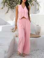 Summer V-Neck Button Crop Top & Wide-Leg Pants Set - Piña Colada