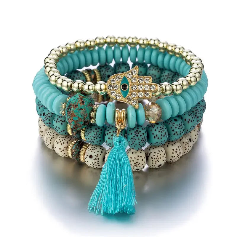 Bohemian Evil Eye Tassel Bracelet Set - Piña Colada