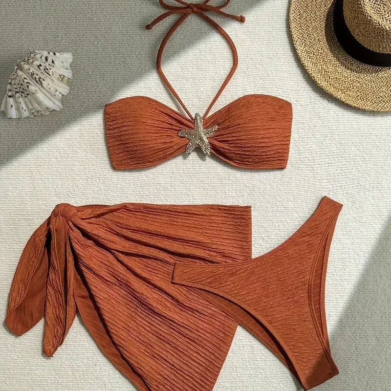 3-Piece Leopard Mesh Bikini Set – Starfish Charm & Bandeau Top - Piña Colada