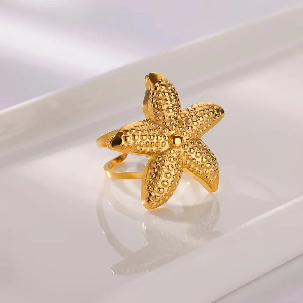 Gold Ocean Starfish & Shell Open Ring - Piña Colada