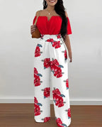 Print Wide Leg Jumpsuits Off-shoulder - Piña Colada