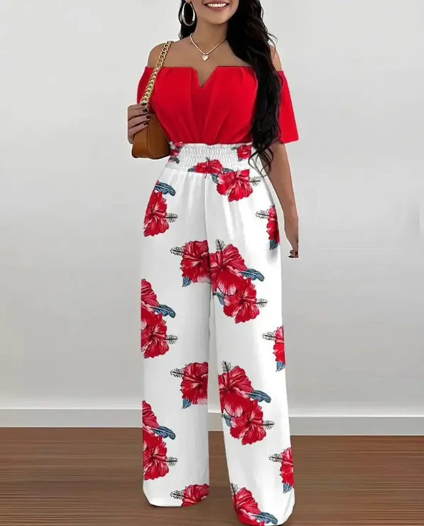 Print Wide Leg Jumpsuits Off-shoulder - Piña Colada