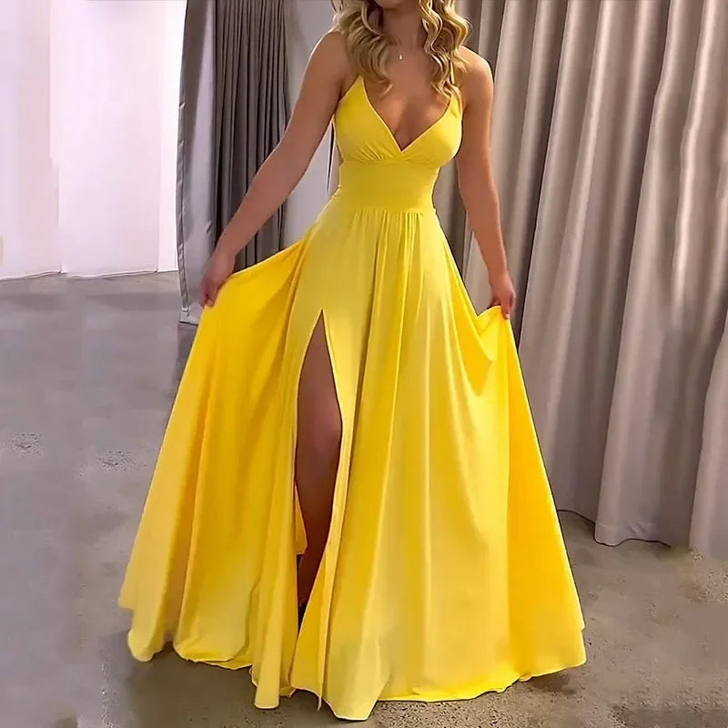 Elegant V-Neck Backless Maxi Dress - Piña Colada