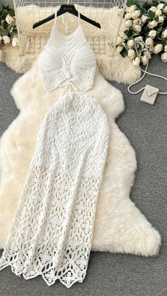 2-Piece Hollow Knit Beach Set – Halter Crop Top Skirt - Piña Colada